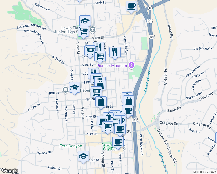 map of restaurants, bars, coffee shops, grocery stores, and more near 1810 Park Street in Paso Robles