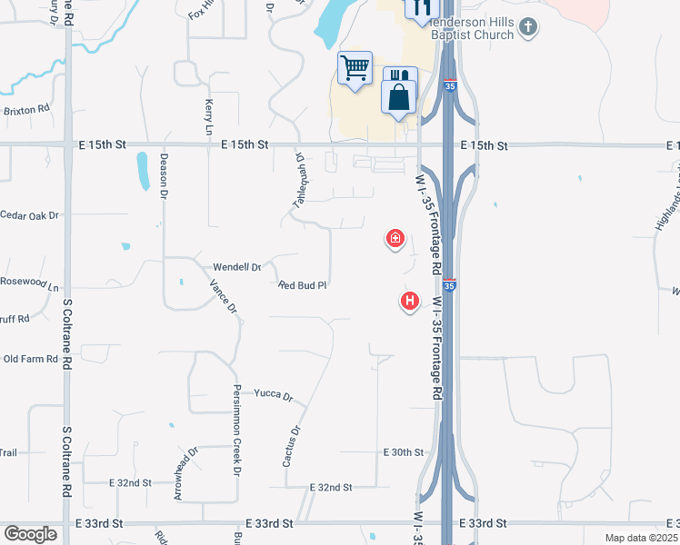 map of restaurants, bars, coffee shops, grocery stores, and more near 2018 Red Bud Place in Edmond