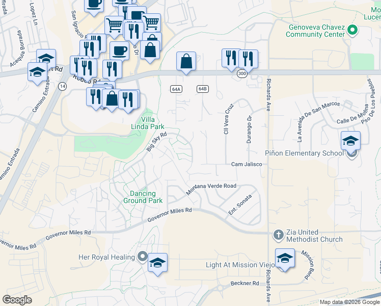 map of restaurants, bars, coffee shops, grocery stores, and more near 4257 Falling Star Lane in Santa Fe