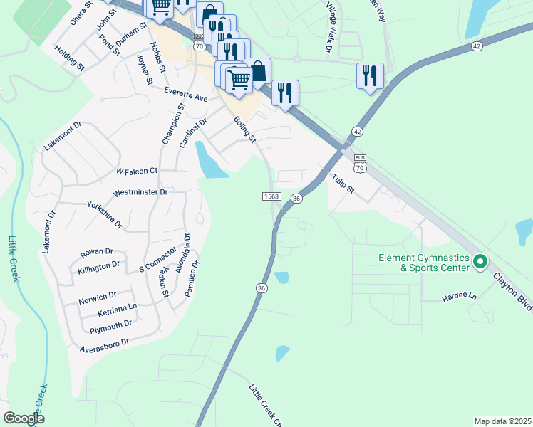 map of restaurants, bars, coffee shops, grocery stores, and more near 6199 Little Creek Church Road in Clayton