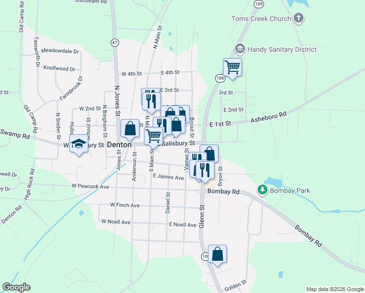 map of restaurants, bars, coffee shops, grocery stores, and more near 147 West Salisbury Street in Denton