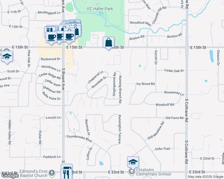 map of restaurants, bars, coffee shops, grocery stores, and more near 1901 Singingwood Road in Edmond