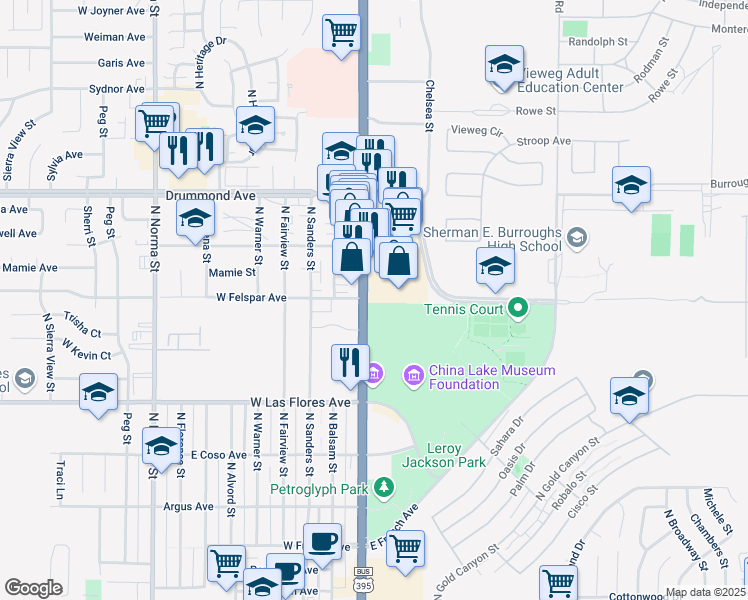 map of restaurants, bars, coffee shops, grocery stores, and more near 736 North China Lake Boulevard in Ridgecrest
