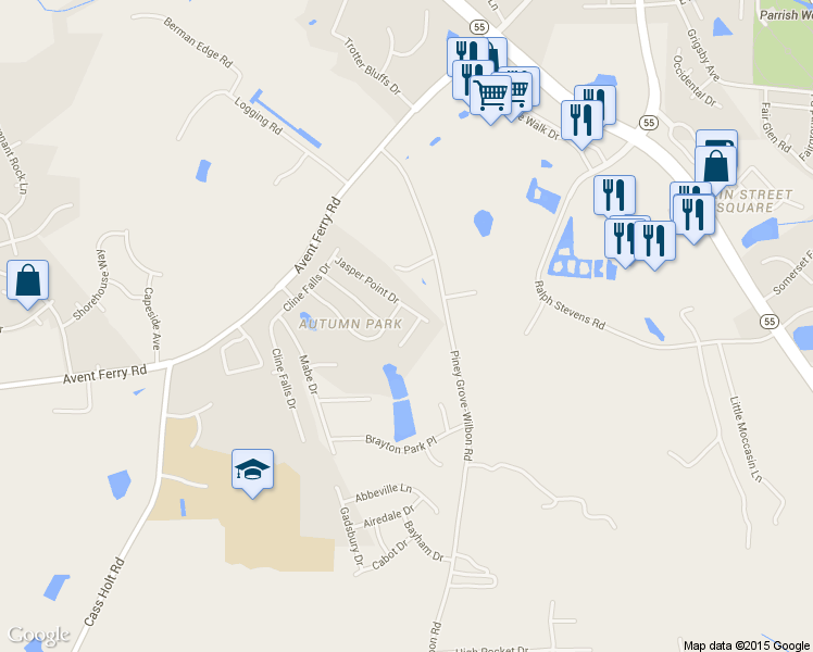 map of restaurants, bars, coffee shops, grocery stores, and more near 108 Touvelle Court in Holly Springs