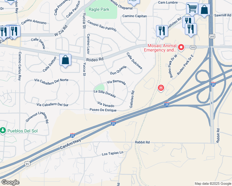 map of restaurants, bars, coffee shops, grocery stores, and more near 2932 Corte Del Becerro in Santa Fe