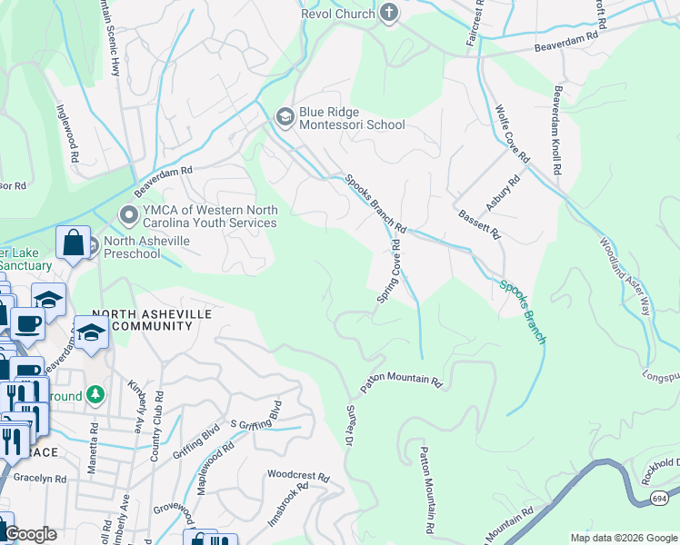 map of restaurants, bars, coffee shops, grocery stores, and more near 81 Spooks Branch Road in Asheville