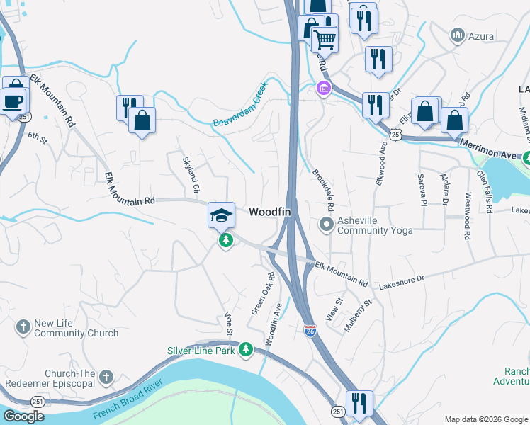 map of restaurants, bars, coffee shops, grocery stores, and more near 3 Snyder Drive in Woodfin