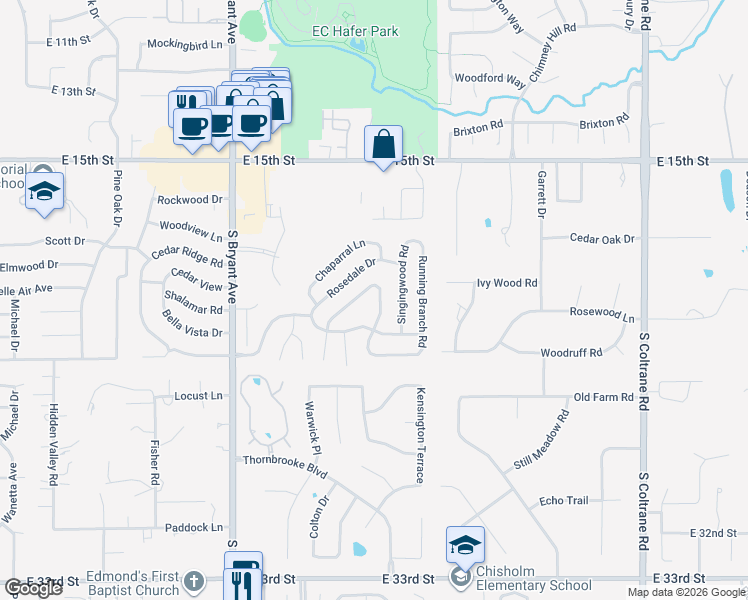 map of restaurants, bars, coffee shops, grocery stores, and more near 1909 Woodland Road in Edmond