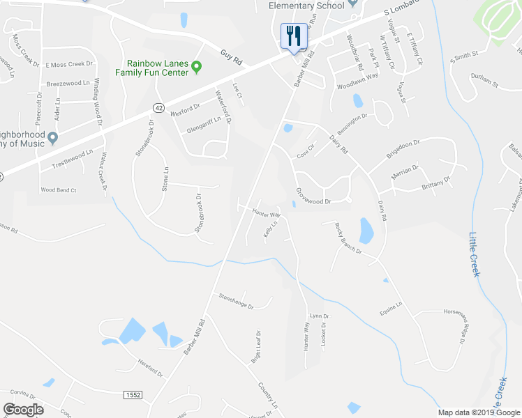 map of restaurants, bars, coffee shops, grocery stores, and more near 200 Hunter Way in Clayton