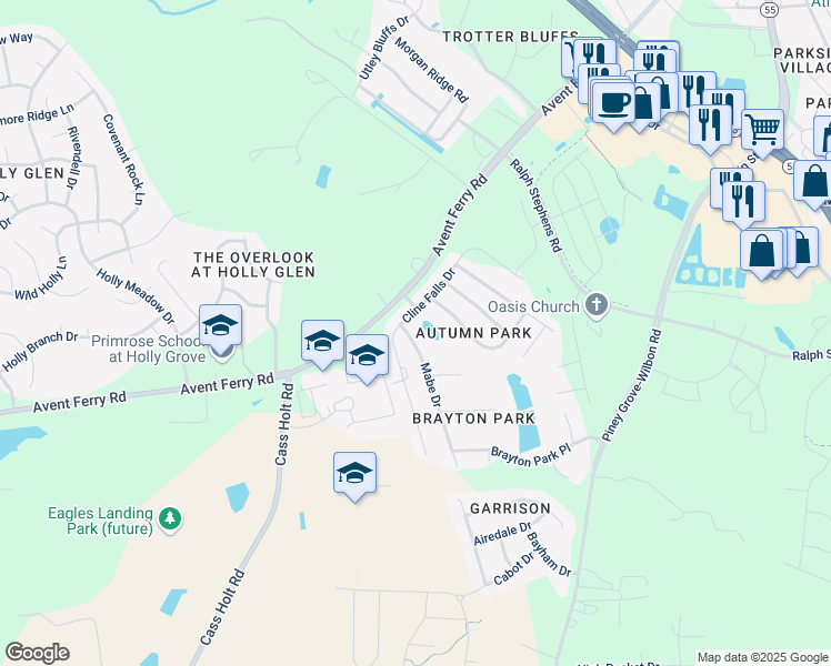 map of restaurants, bars, coffee shops, grocery stores, and more near 5109 Mabe Drive in Holly Springs