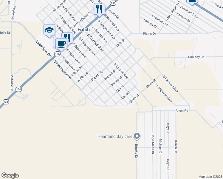 map of restaurants, bars, coffee shops, grocery stores, and more near Maple St in Fritch