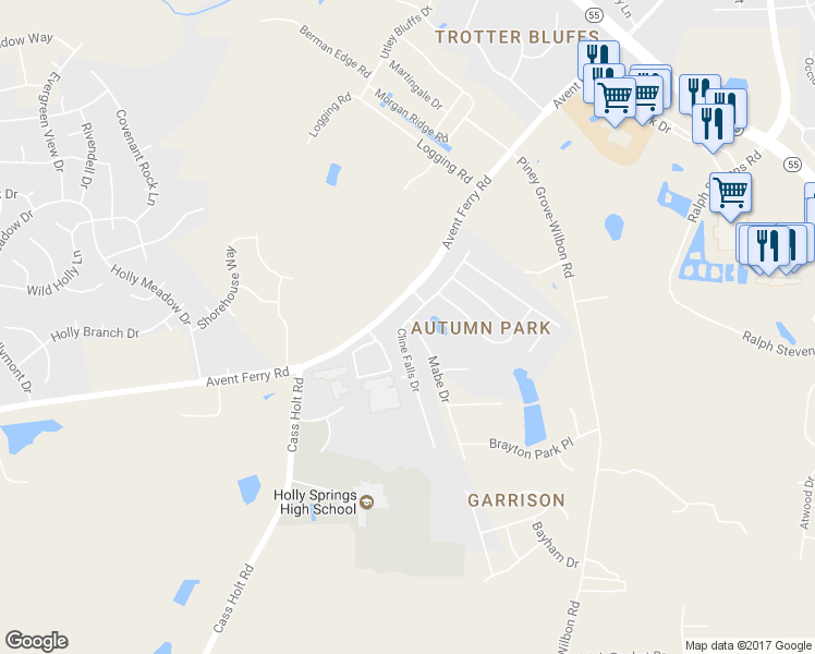 map of restaurants, bars, coffee shops, grocery stores, and more near 5100 Mabe Drive in Holly Springs