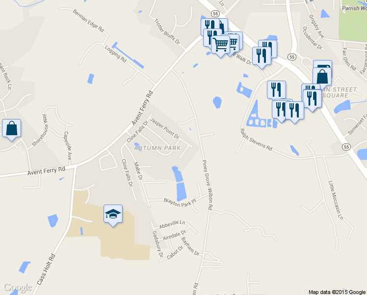 map of restaurants, bars, coffee shops, grocery stores, and more near 104 Touvelle Court in Holly Springs