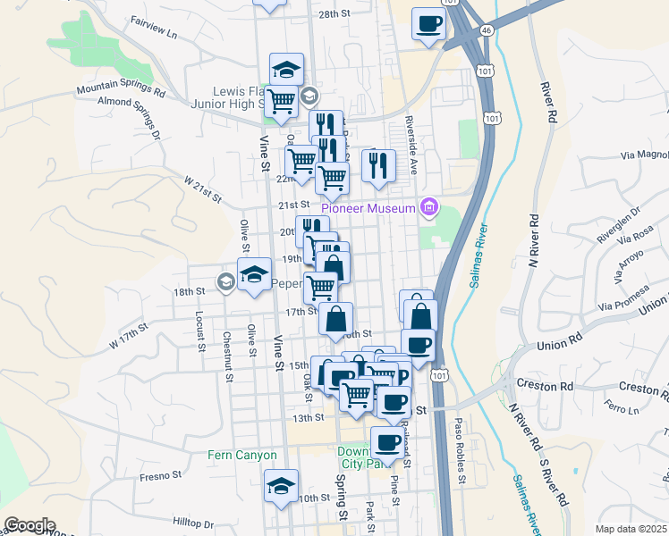 map of restaurants, bars, coffee shops, grocery stores, and more near 1900 Spring Street in Paso Robles
