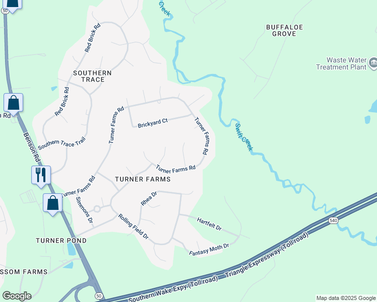 map of restaurants, bars, coffee shops, grocery stores, and more near 5621 Treestand Court in Garner