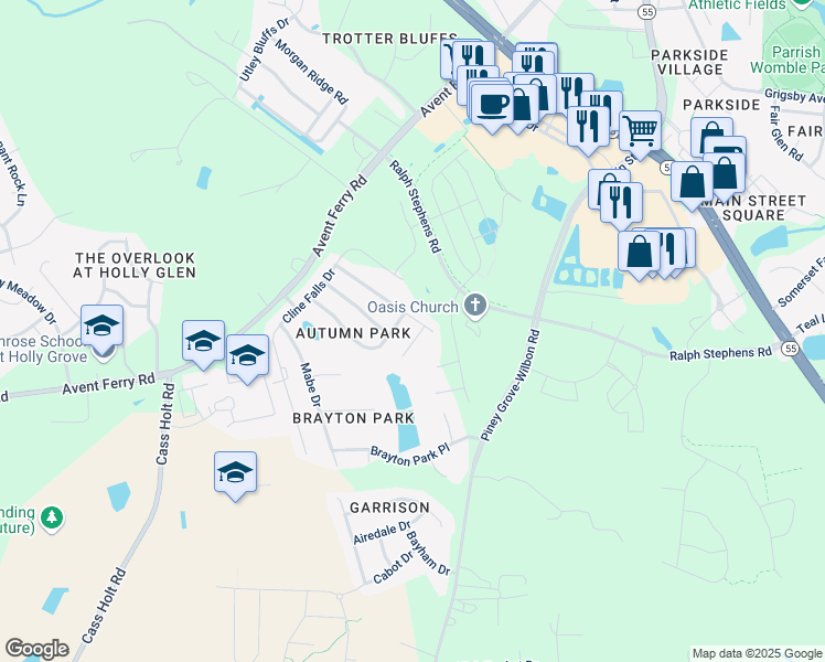 map of restaurants, bars, coffee shops, grocery stores, and more near 104 Touvelle Court in Holly Springs