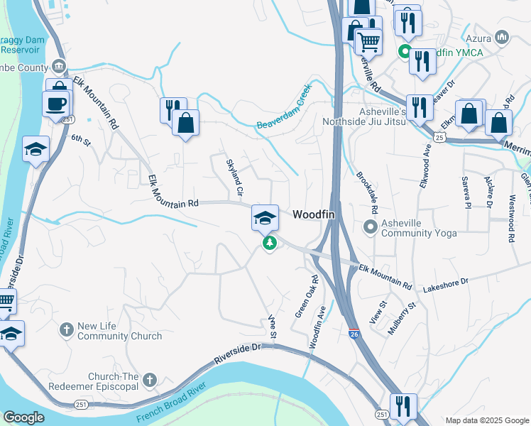 map of restaurants, bars, coffee shops, grocery stores, and more near 119 Elk Mountain Road in Woodfin