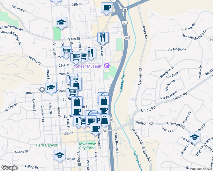 map of restaurants, bars, coffee shops, grocery stores, and more near 1812 Riverside Avenue in Paso Robles