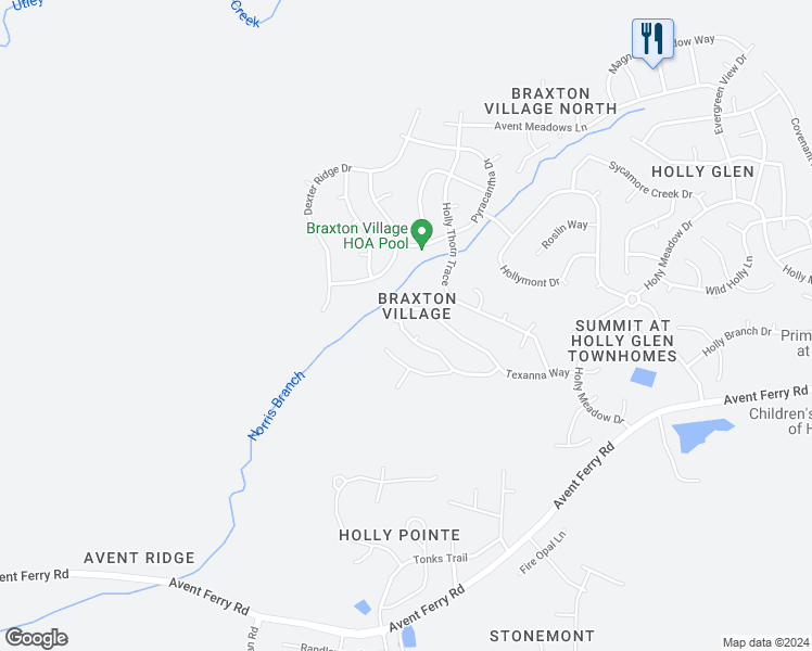 map of restaurants, bars, coffee shops, grocery stores, and more near 500 Texanna Way in Holly Springs