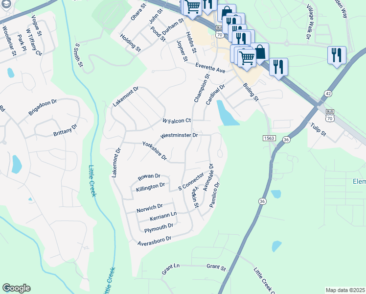 map of restaurants, bars, coffee shops, grocery stores, and more near 616 Champion Street in Clayton