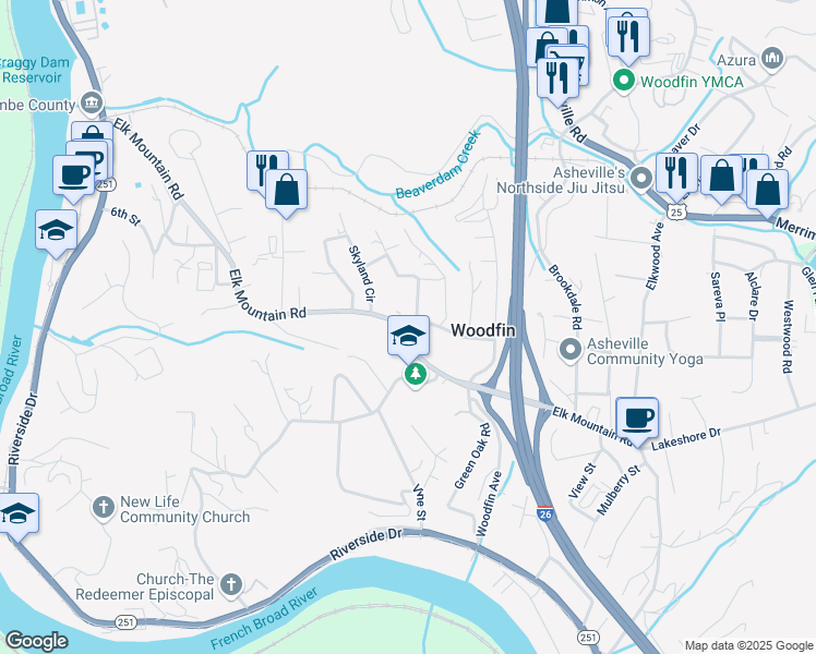 map of restaurants, bars, coffee shops, grocery stores, and more near 119 Elk Mountain Road in Woodfin