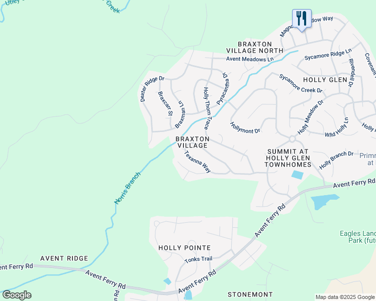 map of restaurants, bars, coffee shops, grocery stores, and more near 500 Texanna Way in Holly Springs