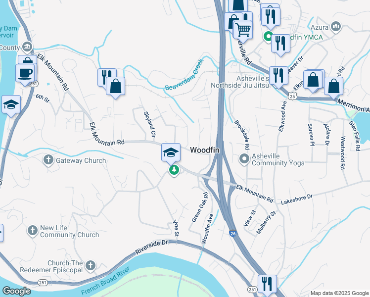 map of restaurants, bars, coffee shops, grocery stores, and more near Cottage Street in Asheville