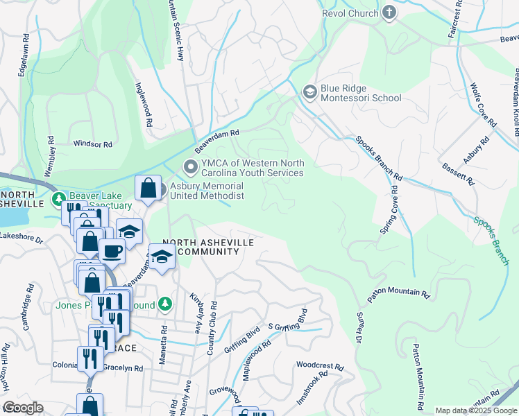 map of restaurants, bars, coffee shops, grocery stores, and more near 2702 Timber Trail in Asheville