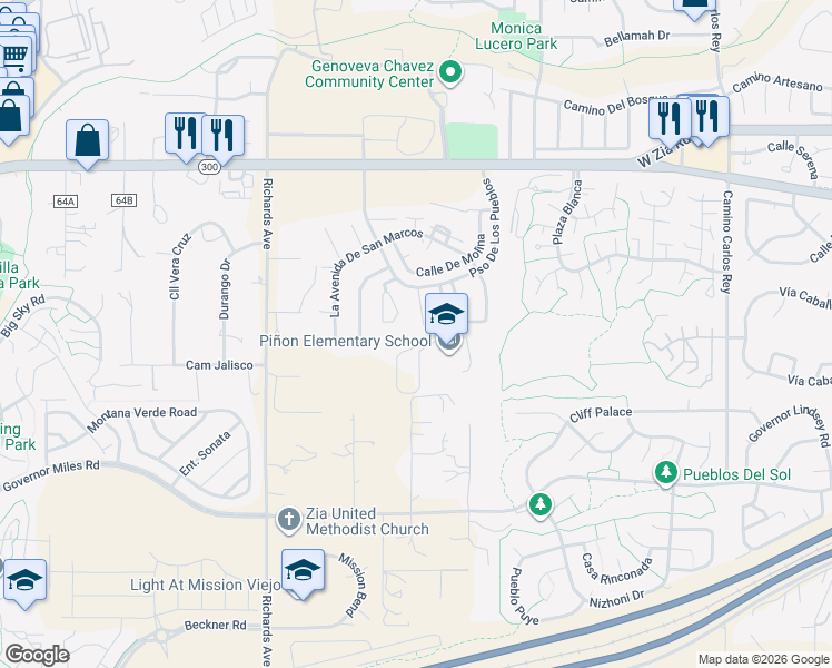 map of restaurants, bars, coffee shops, grocery stores, and more near 2912 Avenida Alamosa in Santa Fe