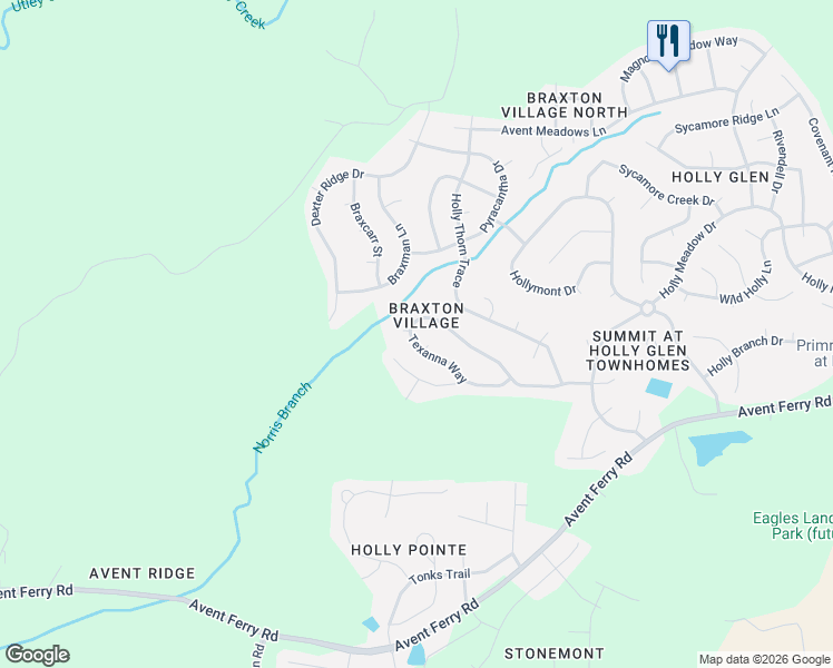 map of restaurants, bars, coffee shops, grocery stores, and more near 488 Texanna Way in Holly Springs