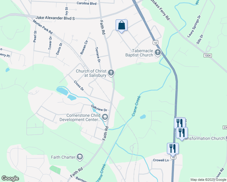 map of restaurants, bars, coffee shops, grocery stores, and more near Faith Road in Salisbury