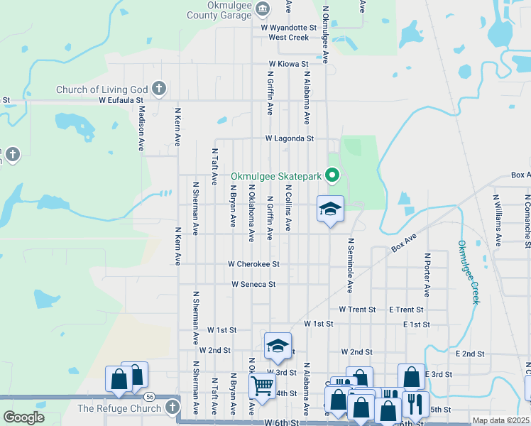 map of restaurants, bars, coffee shops, grocery stores, and more near 1100 North Griffin Avenue in Okmulgee