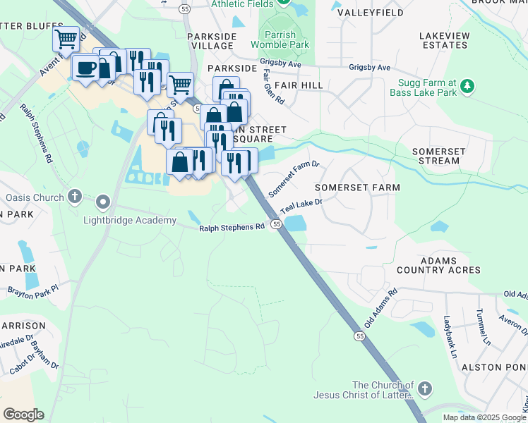 map of restaurants, bars, coffee shops, grocery stores, and more near 7268 GB Alford Highway in Holly Springs