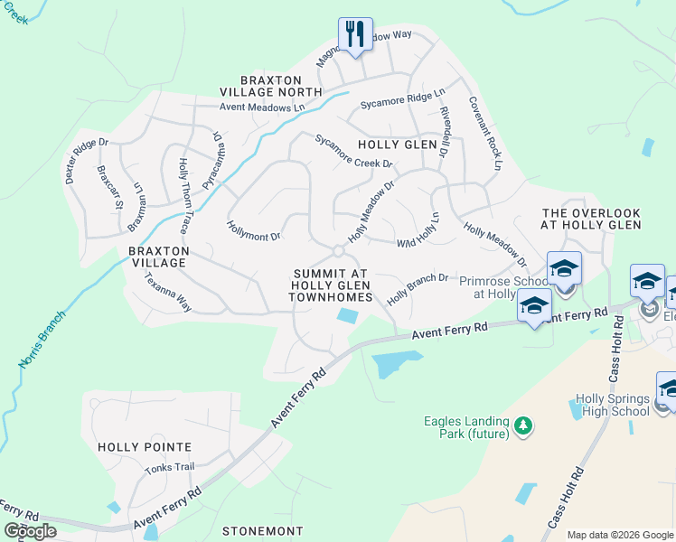 map of restaurants, bars, coffee shops, grocery stores, and more near 173 Summit Oaks Lane in Holly Springs