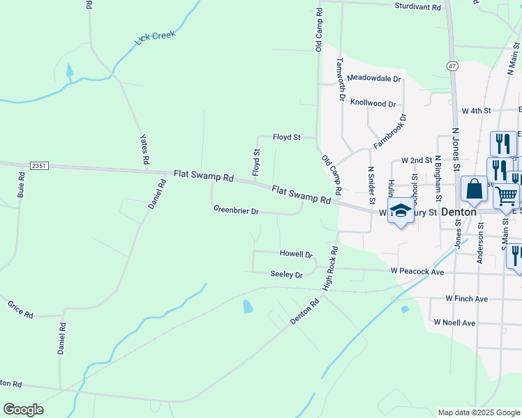 map of restaurants, bars, coffee shops, grocery stores, and more near 355 Greenbrier Drive in Denton