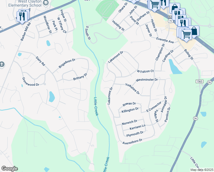 map of restaurants, bars, coffee shops, grocery stores, and more near 46 Mystery Hill Court in Clayton