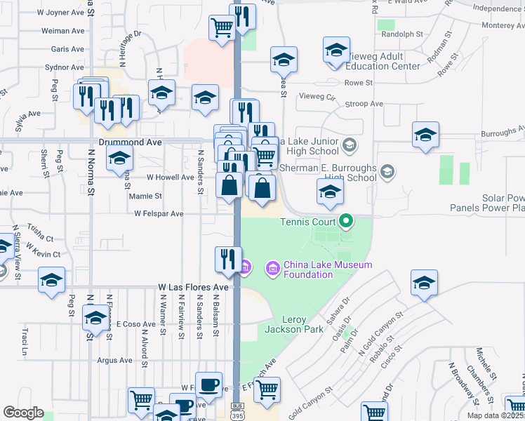 map of restaurants, bars, coffee shops, grocery stores, and more near 736 North China Lake Boulevard in Ridgecrest