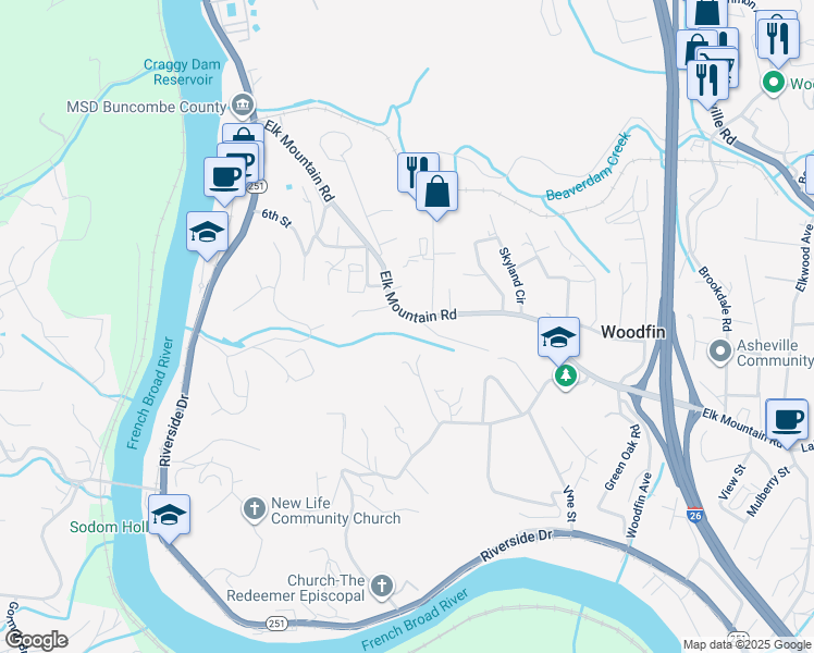 map of restaurants, bars, coffee shops, grocery stores, and more near Elk Mountain Road in Asheville
