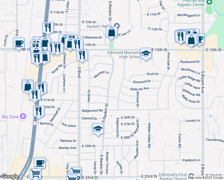 map of restaurants, bars, coffee shops, grocery stores, and more near 1809 Edgewood Drive in Edmond