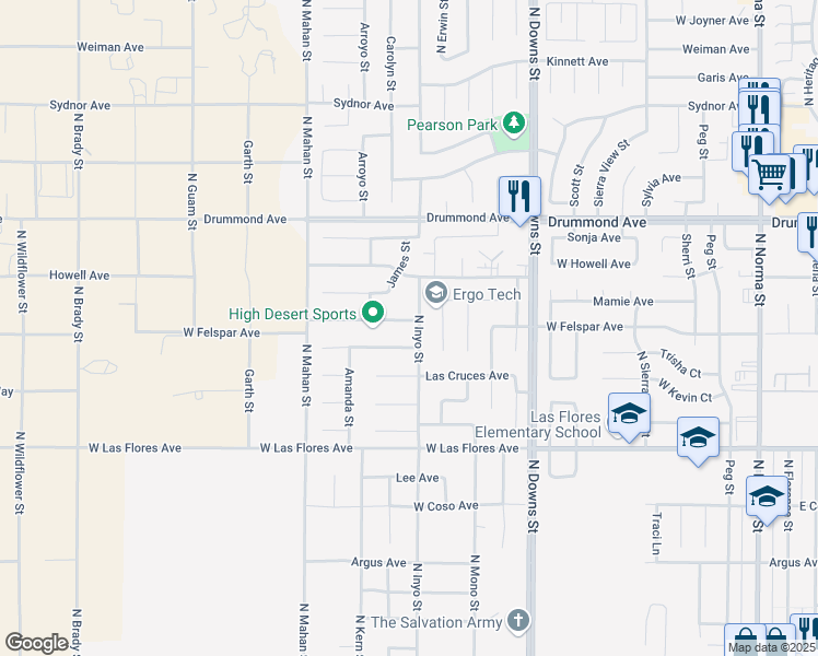 map of restaurants, bars, coffee shops, grocery stores, and more near 1105 Rebecca Avenue in Ridgecrest