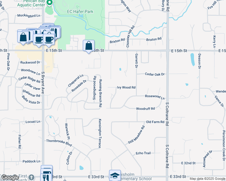 map of restaurants, bars, coffee shops, grocery stores, and more near 1901 Westridge Drive in Edmond