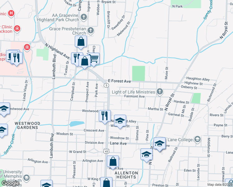 map of restaurants, bars, coffee shops, grocery stores, and more near 1230 North Highland Avenue in Jackson