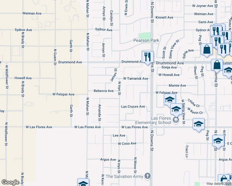 map of restaurants, bars, coffee shops, grocery stores, and more near 1105 Rebecca Avenue in Ridgecrest