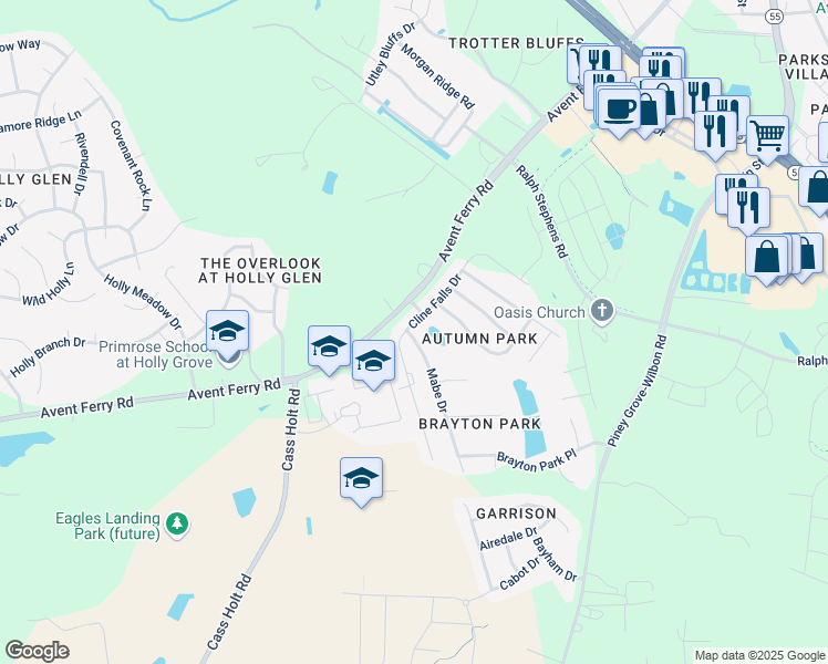 map of restaurants, bars, coffee shops, grocery stores, and more near 301 Cline Falls Drive in Holly Springs