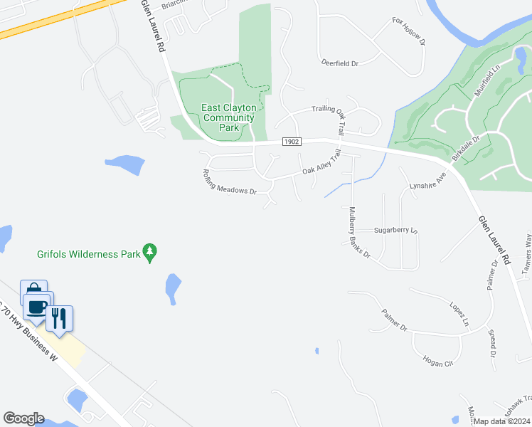 map of restaurants, bars, coffee shops, grocery stores, and more near 47 Fern Meadow Circle in Clayton