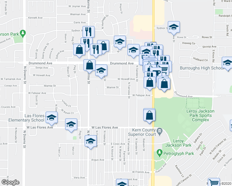 map of restaurants, bars, coffee shops, grocery stores, and more near 308 West Felspar Avenue in Ridgecrest