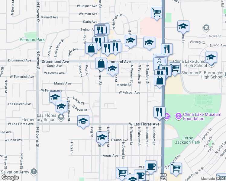 map of restaurants, bars, coffee shops, grocery stores, and more near 404 West Felspar Avenue in Ridgecrest
