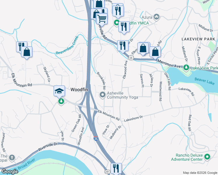 map of restaurants, bars, coffee shops, grocery stores, and more near 35 Brookdale Road in Woodfin