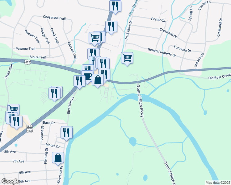 map of restaurants, bars, coffee shops, grocery stores, and more near 142 Bear Creek Pike in Columbia