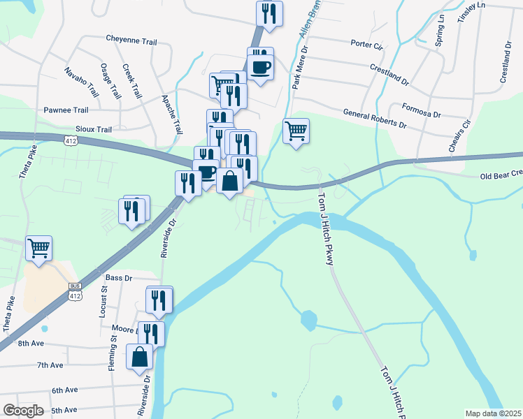 map of restaurants, bars, coffee shops, grocery stores, and more near 142 Bear Creek Pike in Columbia